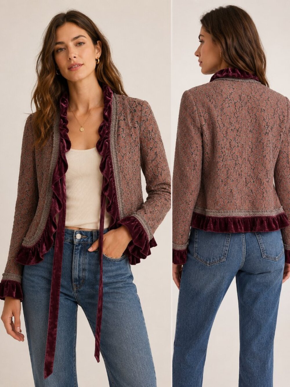 Free People Velvet Lace Blazer Jacket Size 10 Vintage Y2K